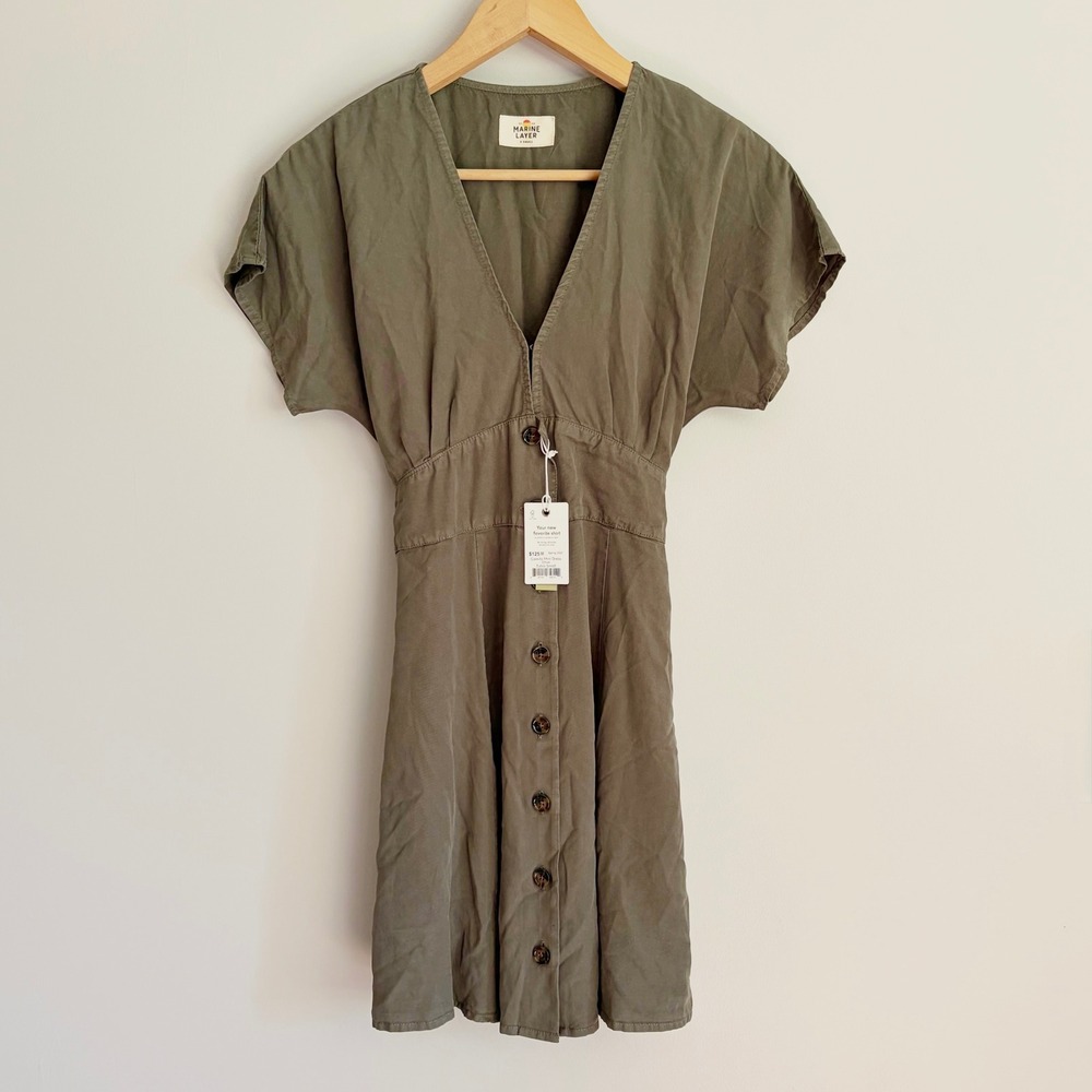 Marine Layer Camila Mini Dress Olive Green Sz XS Tencel Lyocell Button Front NEW